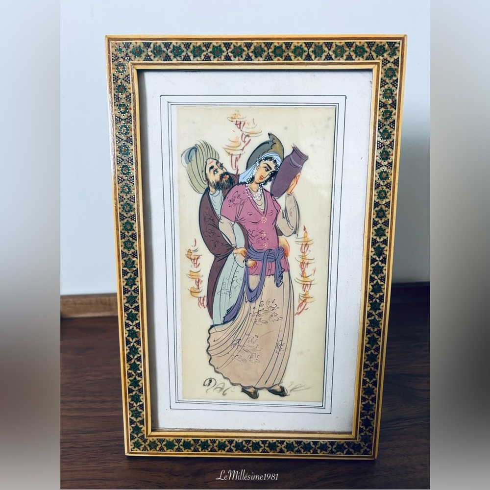 Vintage Oriental Miniature Painting Romantic Couple Scene